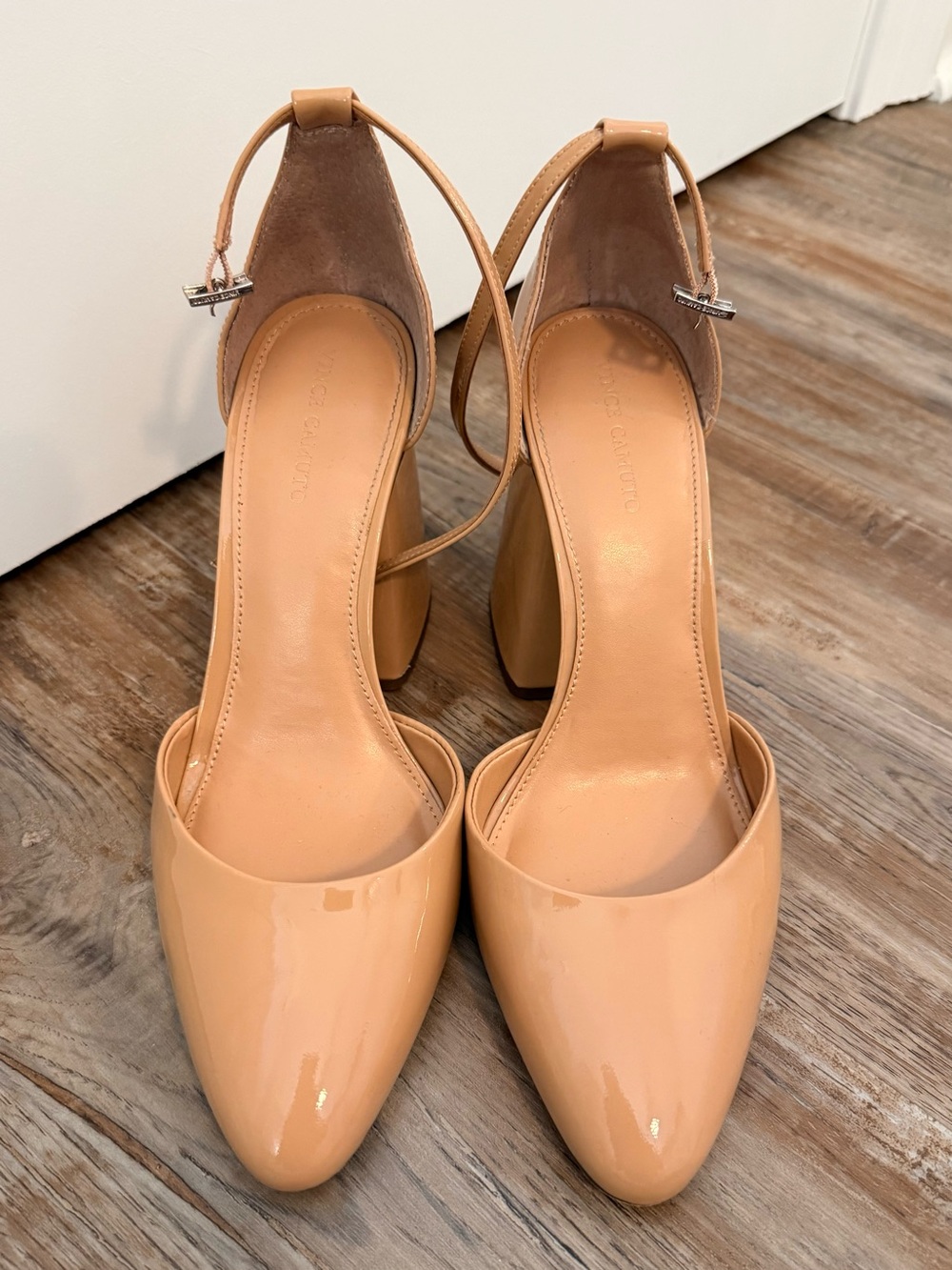 Vince Camuto Patent Pointed-Toe Ankle Strap Pumps in Nude Beige